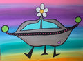 Art work, acrylic on canvas, neon spaceship
