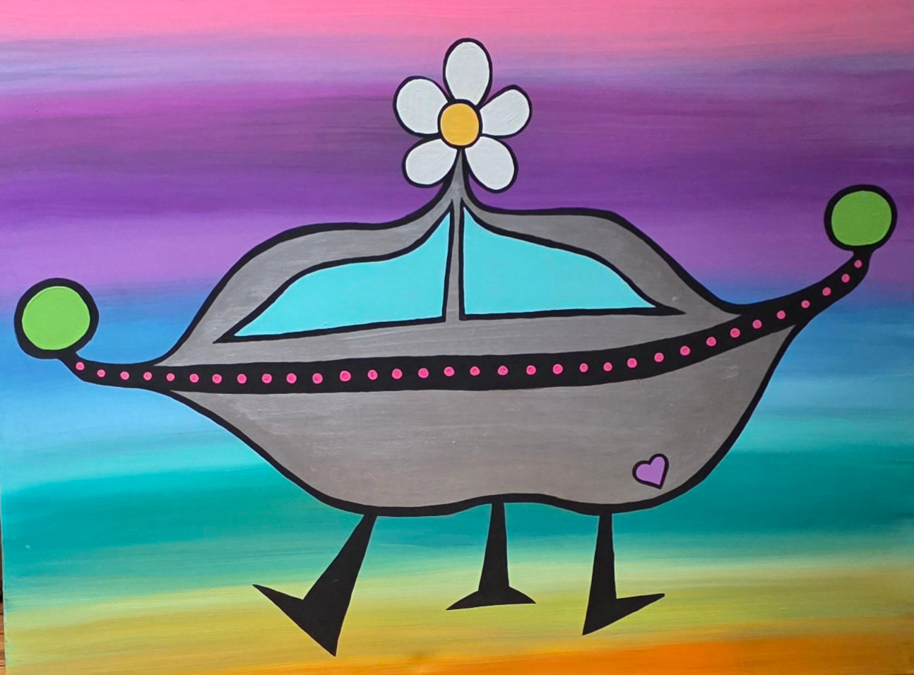 Art work, acrylic on canvas, neon spaceship