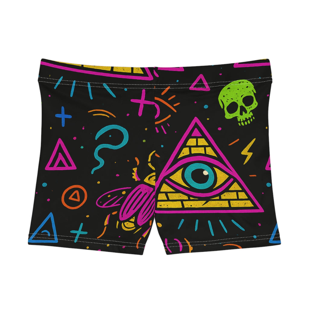 Illuminasty Drop Women’s Shorts – Neon Chaos with All-Seeing Eye, Skulls & Symbols