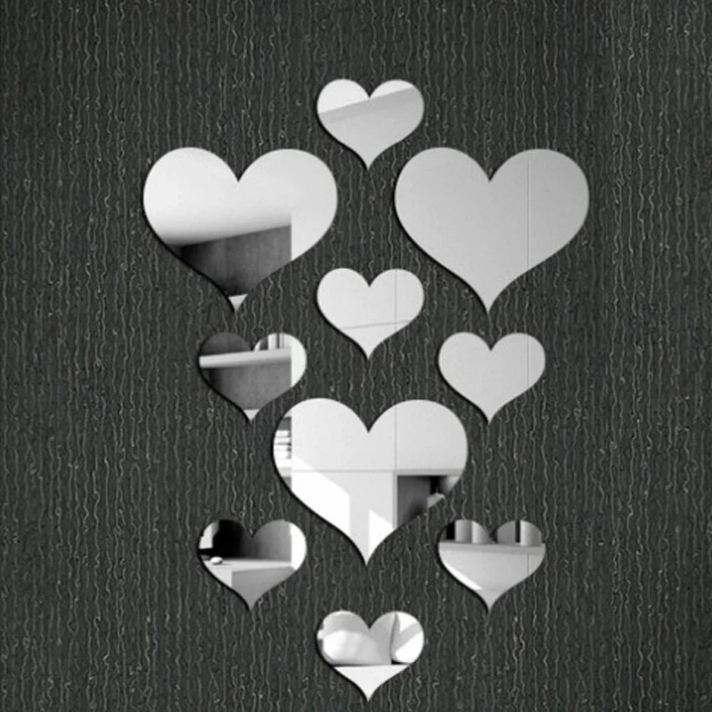 10Pcs Acrylic Love Heart Wall Stickers | Mirror 3D Decals for Home Decor